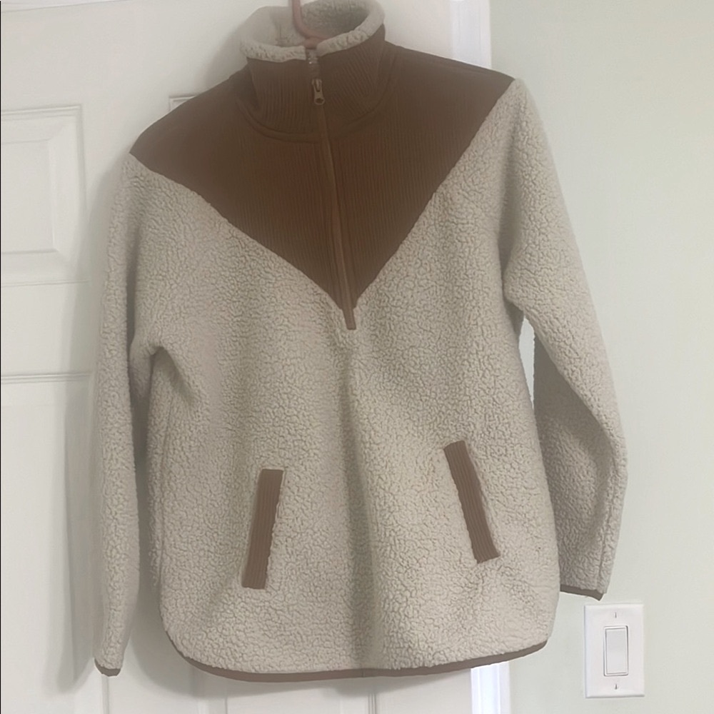 Cozy Cream Teddy Jacket with Brown Trim - Half Zip
